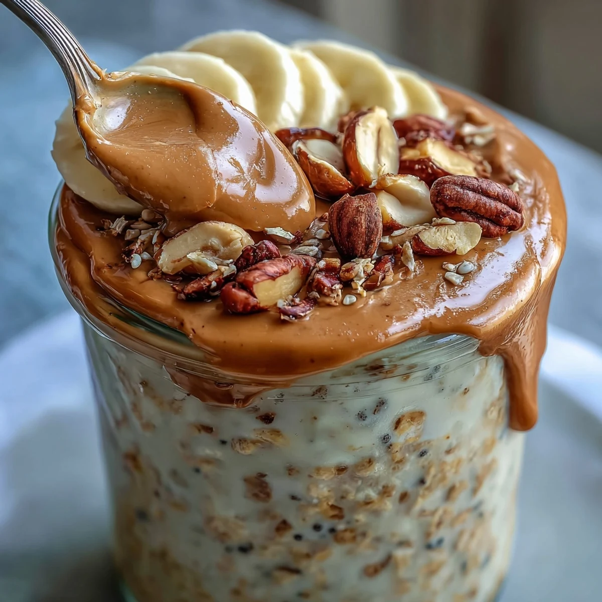 Thick High-Protein Peanut Butter Overnight Oats layered in a glass jar with fresh berries and a peanut butter drizzle. 