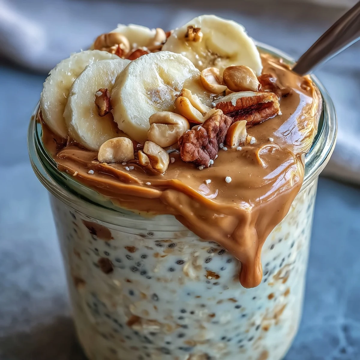 Close-up of creamy High-Protein Peanut Butter Overnight Oats topped with sliced bananas, chopped peanuts, and a honey drizzle. 