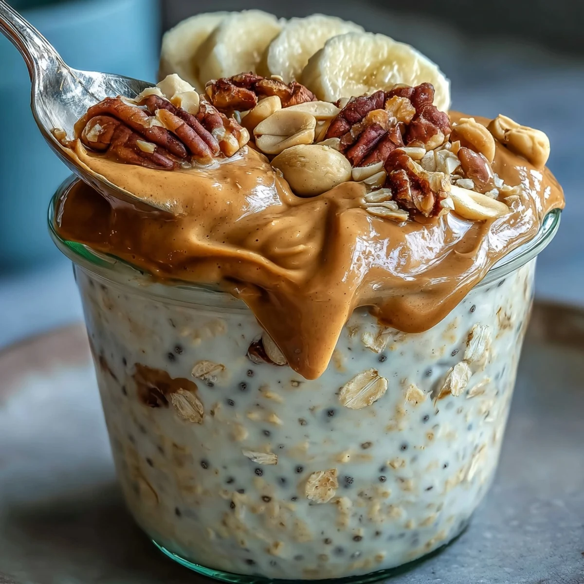 Morning sunlight shines on a spoon lifting a bite of High-Protein Peanut Butter Overnight Oats with Greek yogurt.
