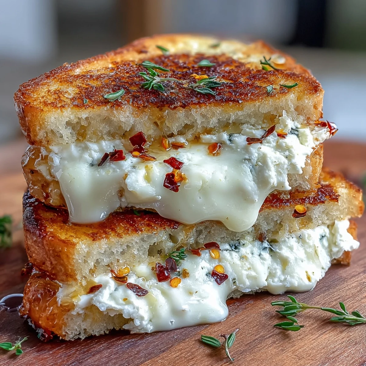 Freshly sliced Goat Cheese Grilled Cheese with Honey & Chili Flakes served with arugula and sliced pears, showcasing a crisp sourdough crust.