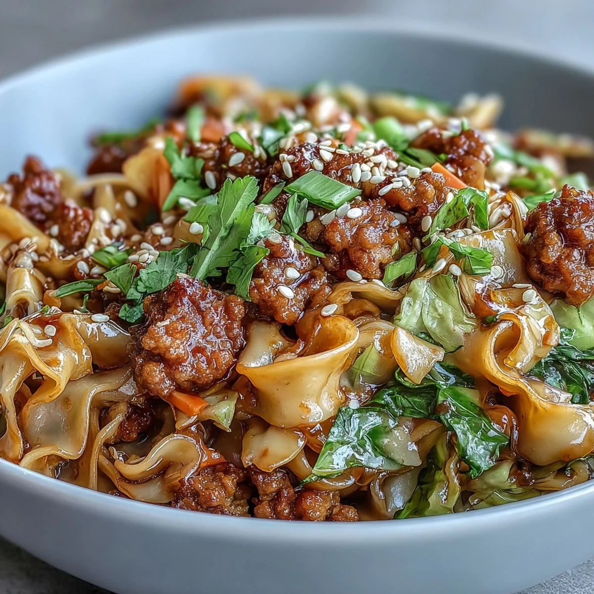 Golden brown pork and crisp vegetables sit atop tender rice noodles in a savory potsticker noodle bowl, garnished with sesame seeds and fresh herbs.