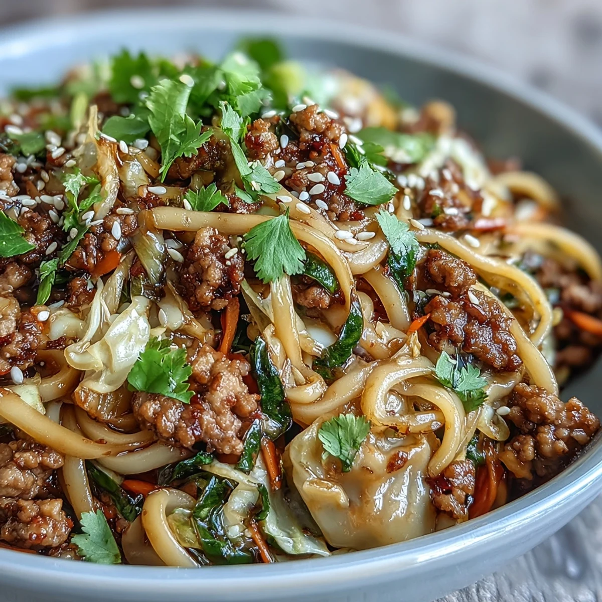 A close up of a steaming potsticker noodle bowl features ground pork, shredded cabbage, and carrots tossed in a glossy soy sauce.