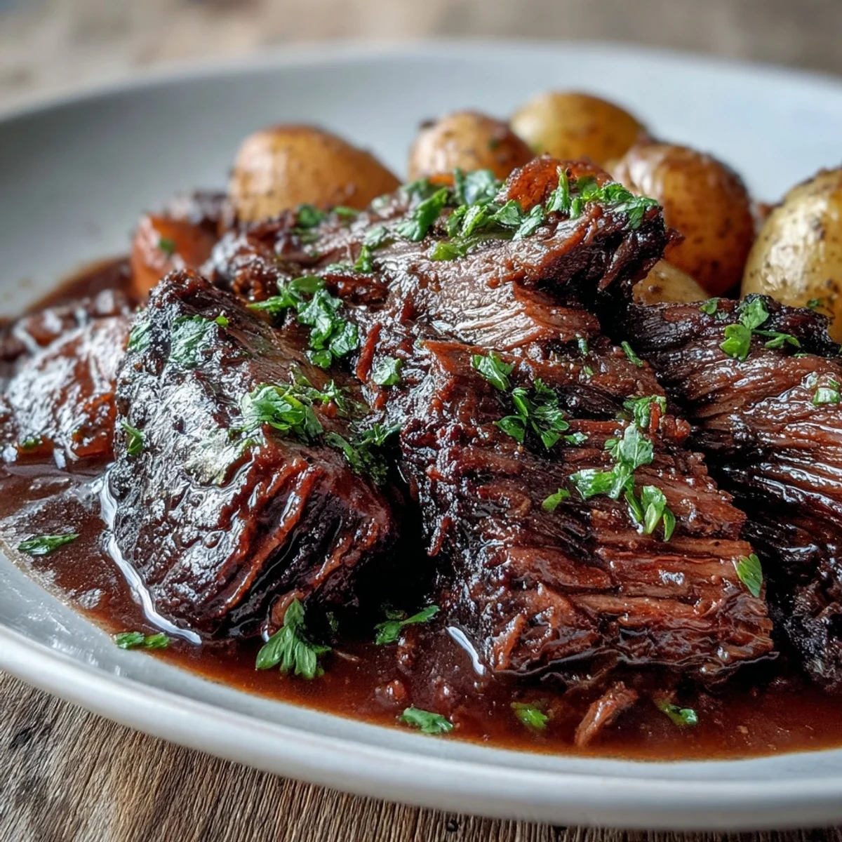 Sliced beef pot roast plated with roasted vegetables and fresh parsley garnish, perfect for a hearty family meal.