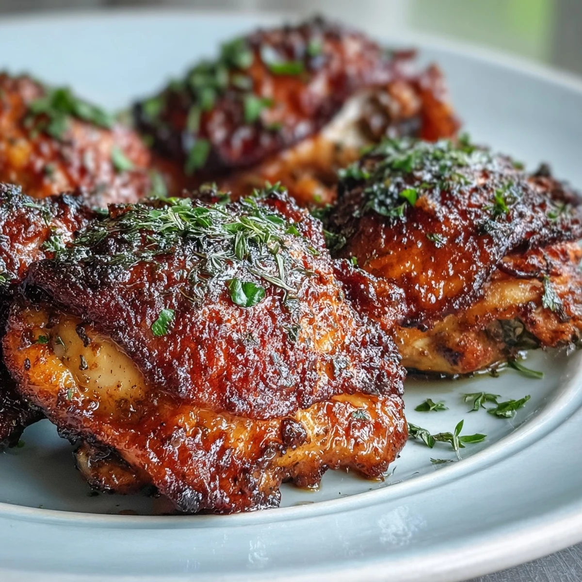 Juicy Crispy Baked Bone-In Chicken Thighs with golden crackling skin served on a rustic platter.