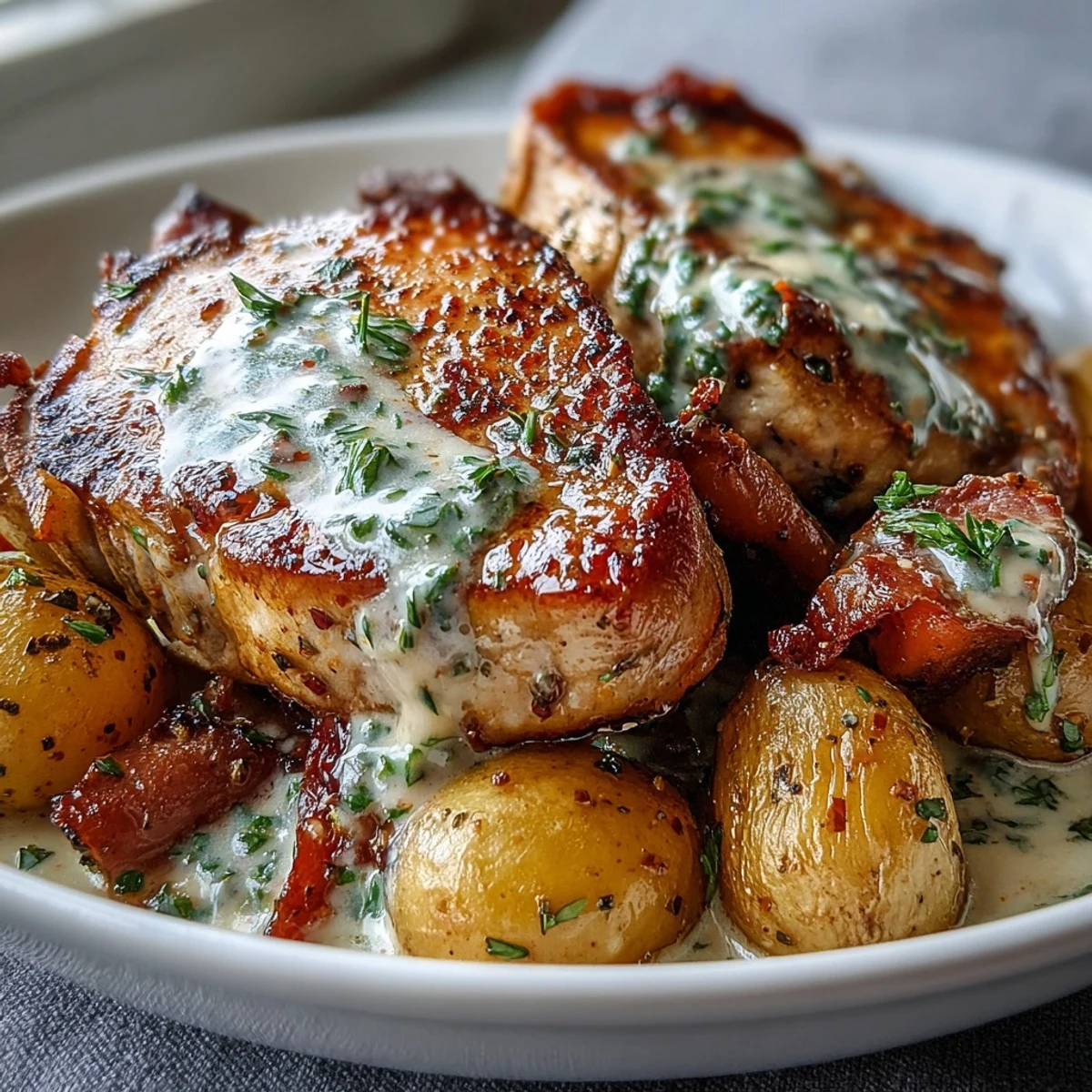 Tender pork chops and vegetables in rich Crockpot Ranch Pork Chops gravy over mashed potatoes.