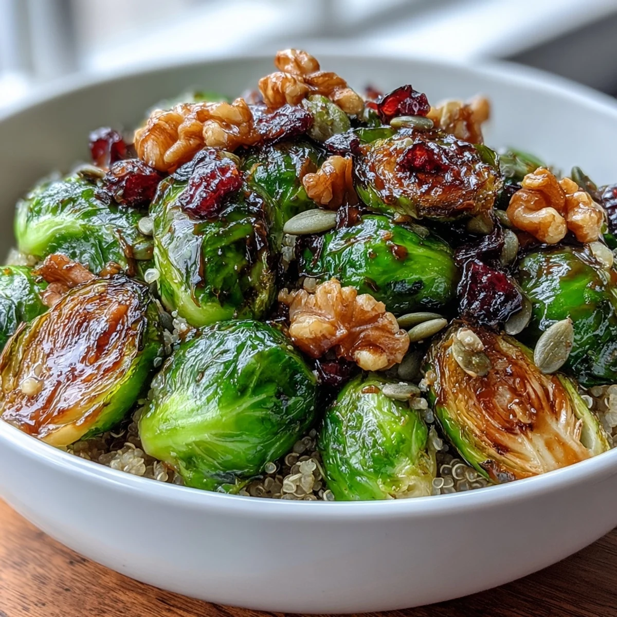 Golden-brown roasted Brussels sprouts and onions on hearty quinoa, garnished with toasted walnuts and cranberries.