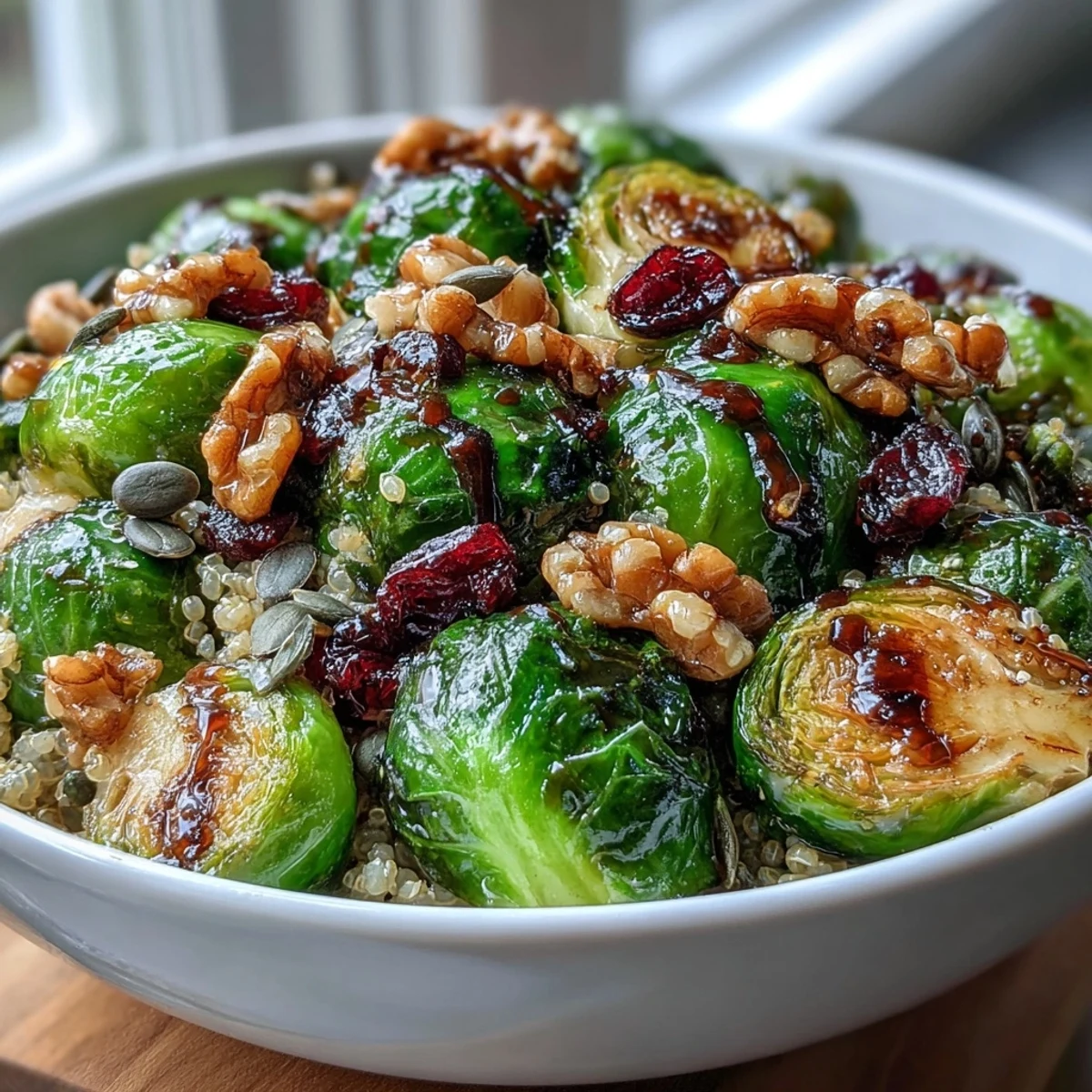 Caramelized roasted Brussels sprouts and red onions top a warm quinoa bowl, drizzled with tangy balsamic dressing.