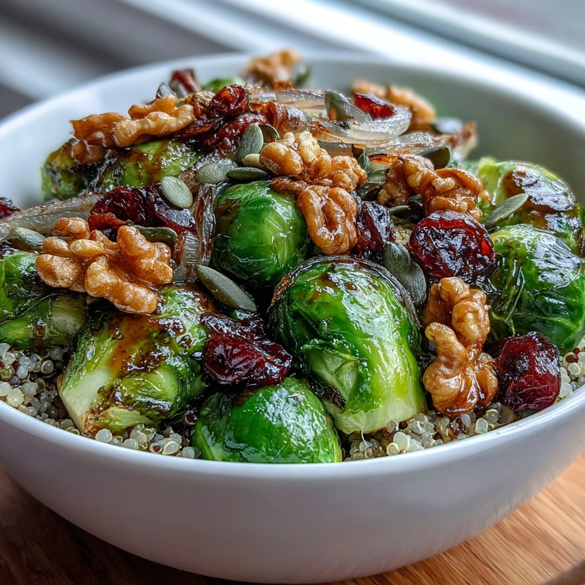 Healthy vegan Brussels sprouts bowl with fluffy grains, vibrant vegetables, and a sweet balsamic glaze.