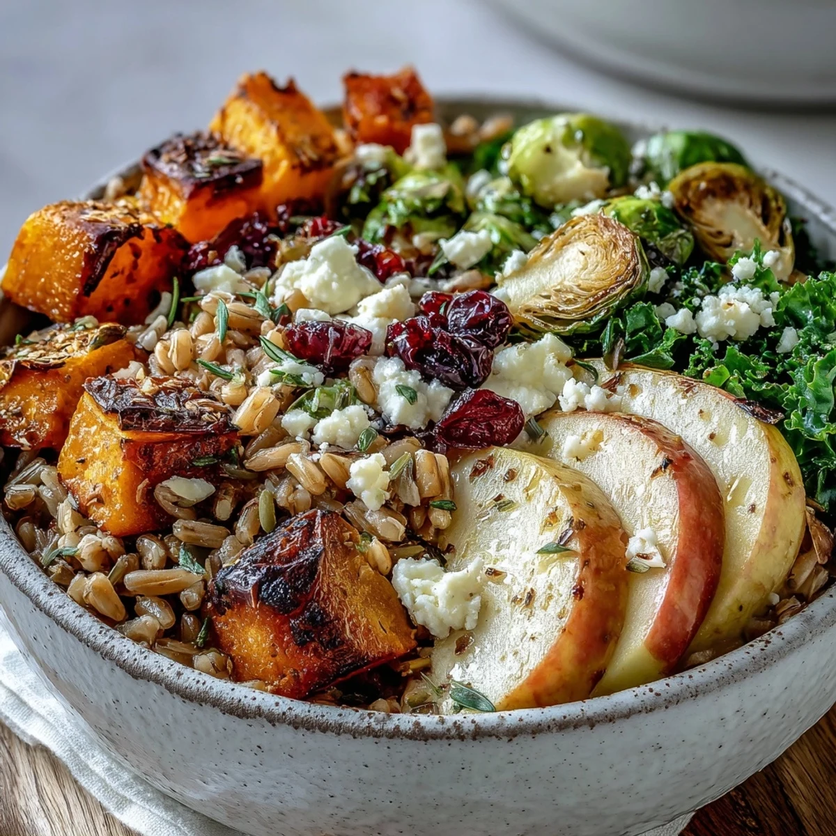 Roasted butternut squash and Brussels sprouts top a bowl of farro with kale and caramelized apples in this fall vegetable bowl.