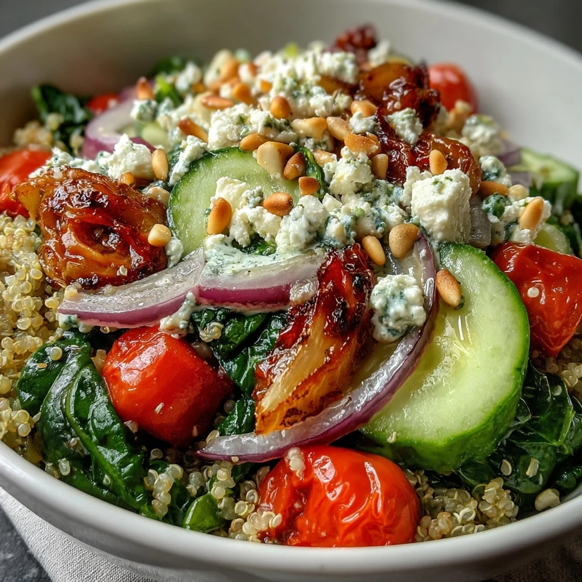 This wholesome Spinach and Feta Grain Bowl features wilted spinach, crunchy cucumbers, and a bright lemon-olive oil dressing on warm grains.