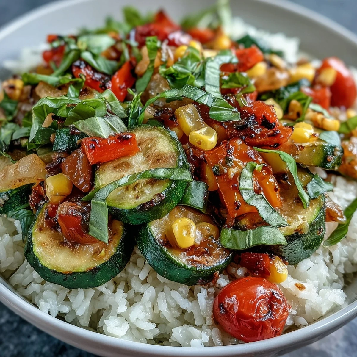 Served in a white ceramic bowl, this vegetarian Summer Vegetable Bowl features vibrant red and yellow bell peppers with juicy cherry tomatoes.