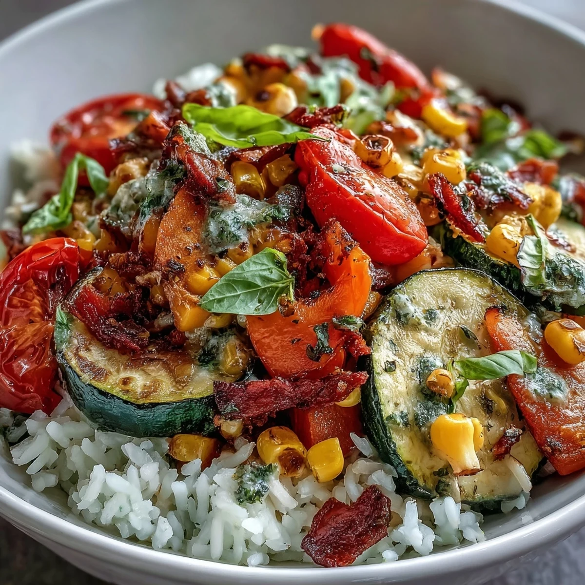 An overhead view of a fresh Summer Vegetable Bowl, showcasing golden corn, green zucchini, and aromatic basil on a bed of rice.