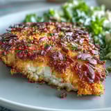 Crispy, gluten-free almond-crusted chicken is served hot with a fresh kale salad tossed with bright red onions and tomatoes.