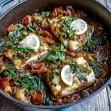 Spiced Cod One Pot plated with flaky fish, wilted spinach, and a lemon wedge, ready to serve.