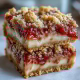 A square Rhubarb and Custard Crumble Bar rests on a white plate, topped with baked rhubarb pieces and rich custard.