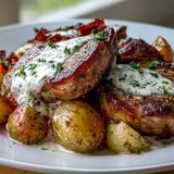 Crockpot Ranch Pork Chops are garnished with fresh parsley on a cozy dinner table setting.