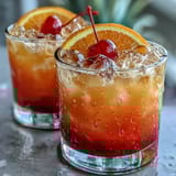 Refreshing Ombre Sunrise Mocktail with Grenadine, featuring a stunning sunrise effect from orange and pineapple juices, topped with sparkling soda.