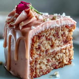 Elegant pink velvet cake with creamy rosé frosting and shimmering gold accents.