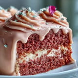 Pink rosé velvet cake, luxuriously frosted with a delicate golden cascade.