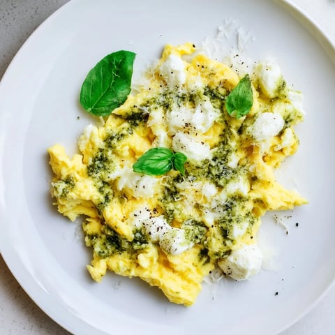 Fluffy Pesto Cottage Cheese Eggs, a vibrant breakfast of creamy scrambled eggs with pesto and cottage cheese.
