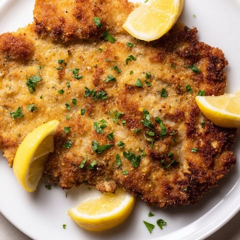 Golden-crusted Austrian Wiener Schnitzel, ready to eat, served with a lemon wedge for a delicious meal.