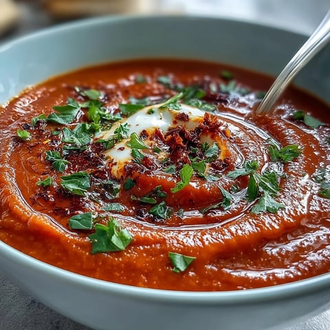 Vibrant roasted red pepper soup with a swirl of creamy yogurt and fresh parsley, served beside crusty bread for dipping.  
