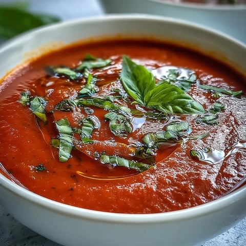 A bowl of vibrant tomato and basil soup, garnished with fresh basil leaves and a drizzle of extra virgin olive oil.  