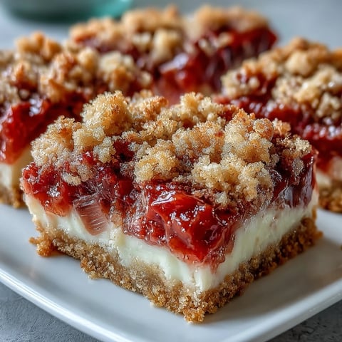 Fresh rhubarb and creamy vanilla custard layered with a golden buttery crumble, forming a chewy Rhubarb and Custard Crumble Bar.