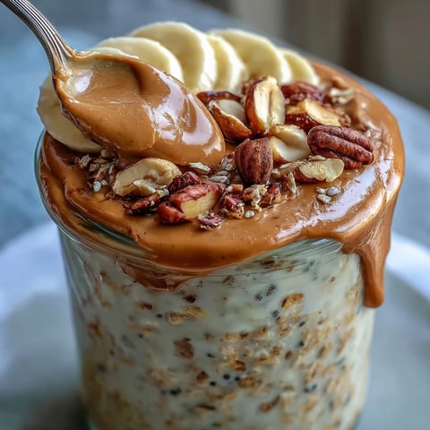 Thick High-Protein Peanut Butter Overnight Oats layered in a glass jar with fresh berries and a peanut butter drizzle. 