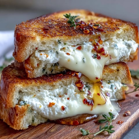 Golden-brown Goat Cheese Grilled Cheese with Honey & Chili Flakes on a plate, oozing creamy chèvre, drizzled with honey, with red chili flakes.