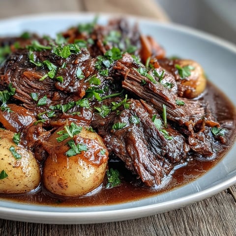 Golden-brown beef pot roast with tender carrots, celery, and baby potatoes in a rich, glossy red wine gravy.