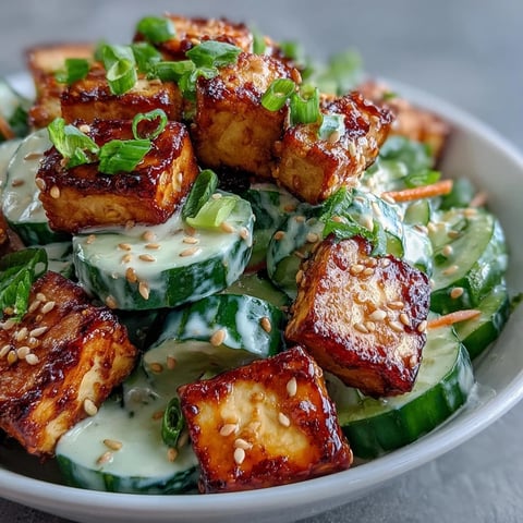 Freshly prepared Creamy Asian Cucumber Salad with Crispy Tofu, featuring golden tofu cubes and a creamy sesame-ginger dressing.