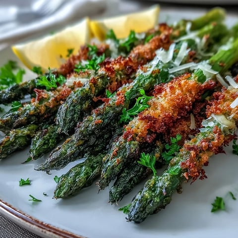 Crispy Asparagus Asiago Spears baked golden with panko and cheese, served with lemon wedges and creamy dip. 