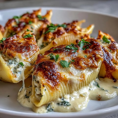 Golden-brown Pumpkin & Gouda Stuffed Shells bubbling with creamy ricotta filling.