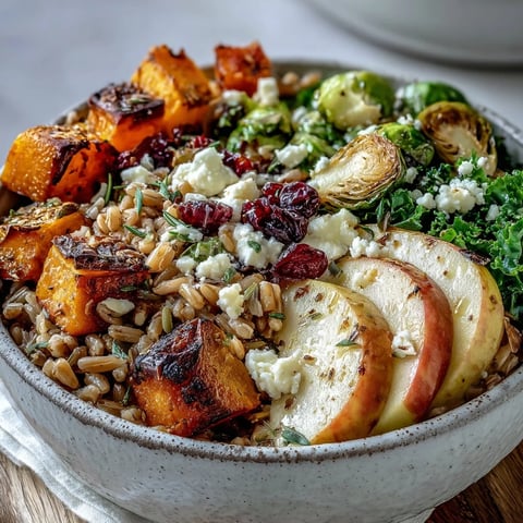 Roasted butternut squash and Brussels sprouts top a bowl of farro with kale and caramelized apples in this fall vegetable bowl.
