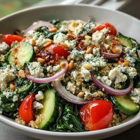 A vibrant Spinach and Feta Grain Bowl with quinoa, sautéed spinach, and creamy crumbled feta cheese, topped with fresh vegetables.