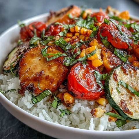 A close-up of a colorful Summer Vegetable Bowl with sautéed zucchini, sweet corn, and tomatoes over fluffy rice, garnished with fresh basil.