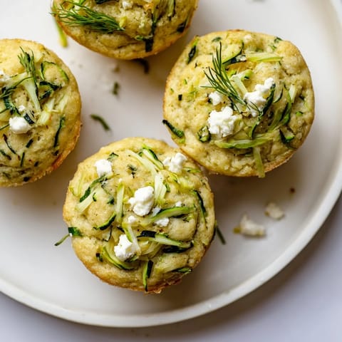 A close-up of fluffy Savory Zucchini and Feta Muffins, showcasing the tender feta and herbs throughout.