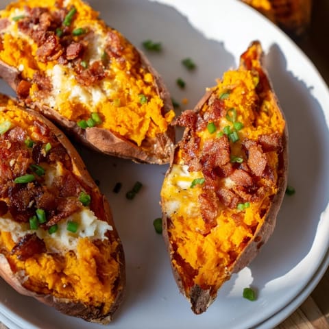 A close-up of delicious Loaded Sweet Potato Skins with savory bacon crumbles for serving.