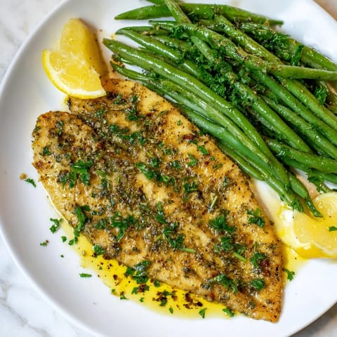 Delectable Sheet Pan Lemon Herb Tilapia, its lemon marinade glistening, alongside perfectly roasted green beans.