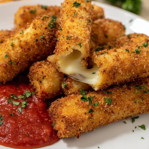Melted cheese perfection! These quick and easy air fryer mozzarella sticks are a satisfying appetizer.
