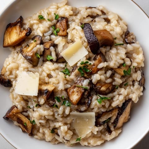 Creamy Italian mushroom risotto, glistening with Parmesan, presented in a shallow bowl for serving.