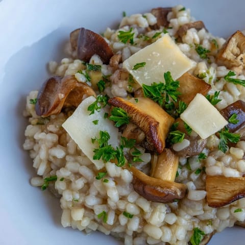 Steaming bowl of Italian mushroom risotto, rich with Parmesan, herbs, and tender wild mushrooms.