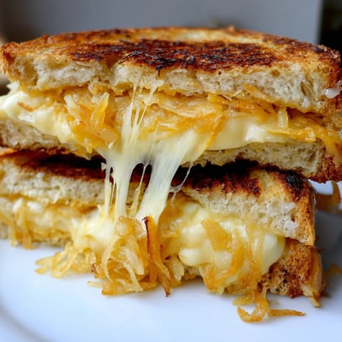 A vegetarian American Crispy Onion Grilled Cheese sandwich on golden sourdough, layered with melted cheddar, mozzarella, and crunchy fried onions.  