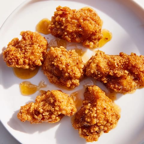 A close-up of crunchy buttermilk-battered chicken drizzled with warm honey butter, served alongside pickles and coleslaw for a Southern-inspired meal.