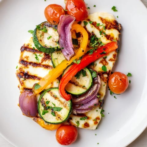 A close-up of a vegetarian halloumi cheese steak hot off the grill, featuring charred vegetable medley and glistening olive oil drizzle on a rustic platter.  