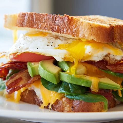 Golden-brown Loaded Breakfast Sandwich stacked with savory bacon, melted cheese, ripe avocado slices, and a runny egg yolk.