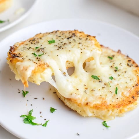 Golden cheese pulls from melty stacks of crispy rice cakes, baked to perfection for a savory snack.