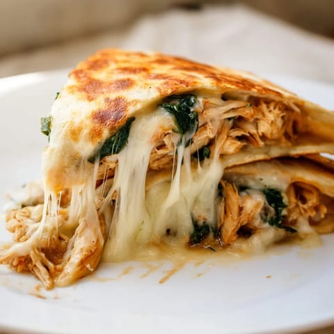 A close-up of a crispy Chicken and Spinach Quesadilla, revealing juicy shredded chicken and tender green spinach leaves tucked inside the tortilla.