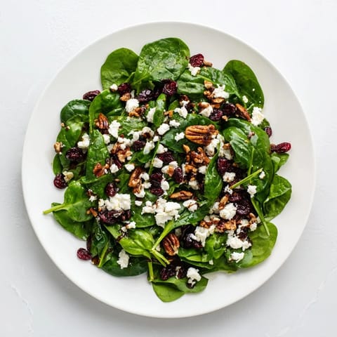 Fresh Spinach Goat Cheese Salad served in a white bowl, garnished with chopped pecans and dried cranberries for a colorful, healthy lunch.